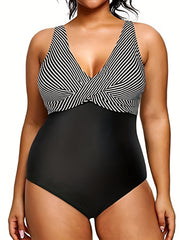 Colorblock Stripe Print Twist Front One Piece Ruched Tank Swimsuit