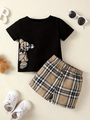 2pcs Baby Boys Bear Graphic T shirt & Plaid Shorts Set
