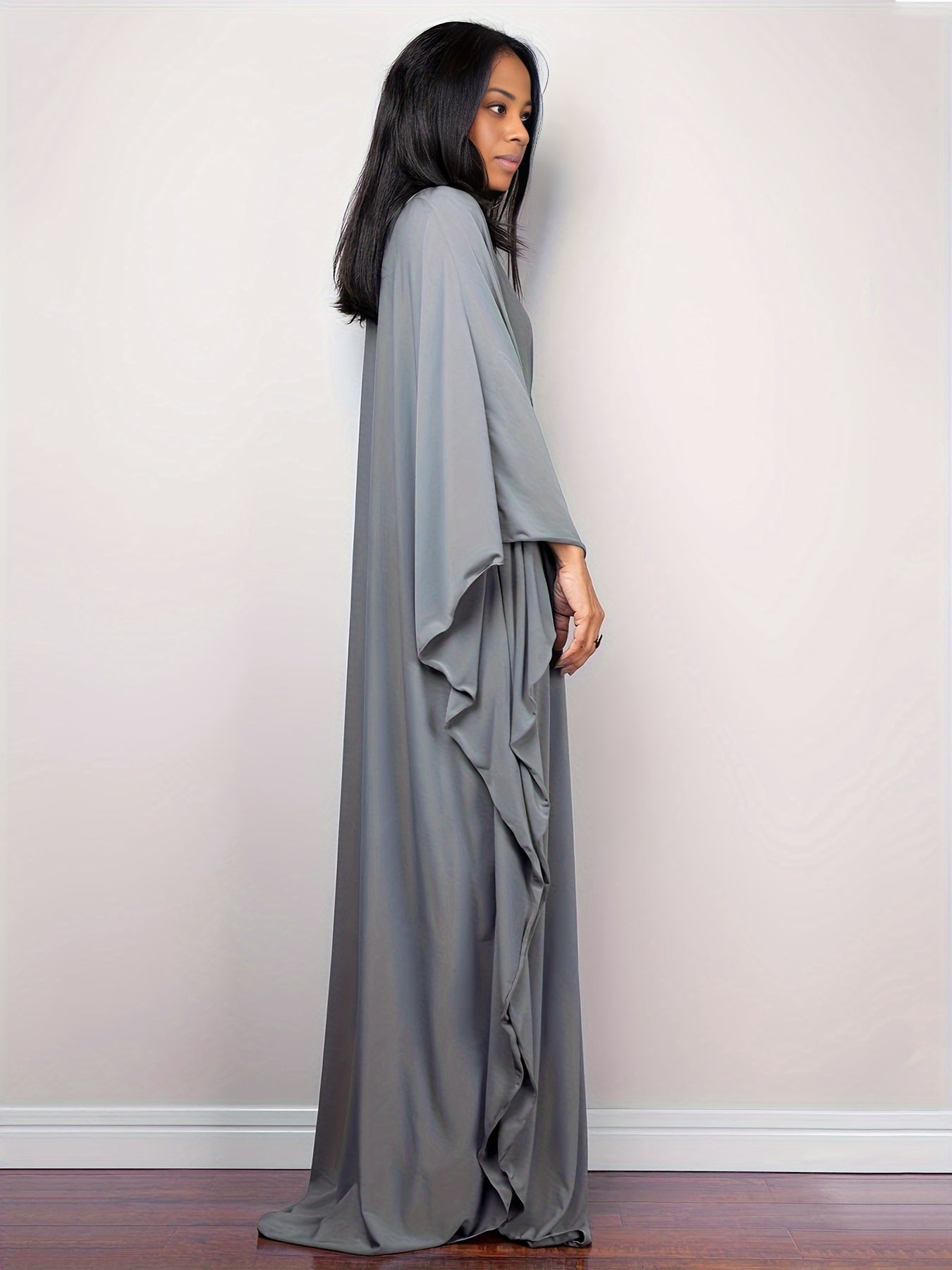 Boho Cover Up Solid Batwing Sleeve V Neck Split Maxi Beach Dress