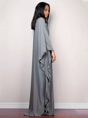 Boho Cover Up Solid Batwing Sleeve V Neck Split Maxi Beach Dress