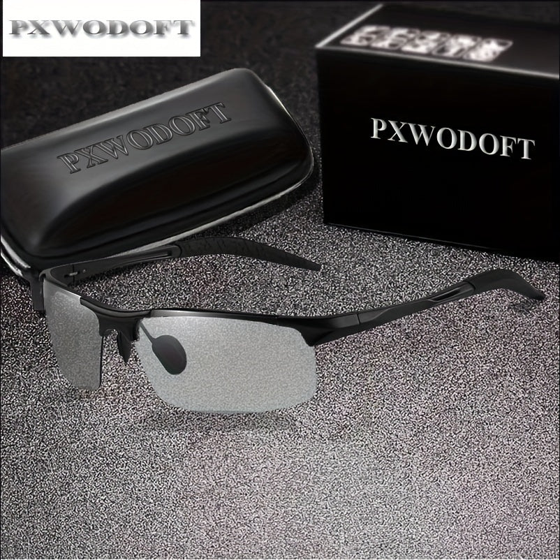 PXWODOFT Aluminum Rimless Sunglasses Polarized Night Driving Glasses