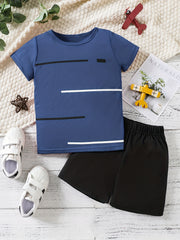 Boys Stripes Print Casual Outfit T shirt & Shorts Kids Summer Clothes Sets