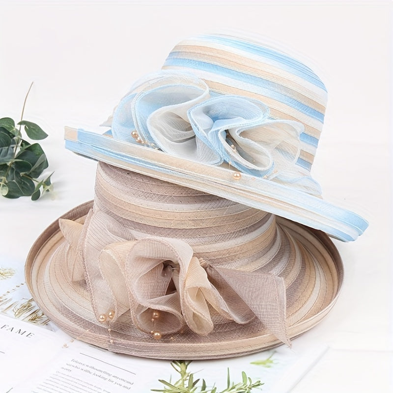 Candy Striped Sun Hat Rolled Brim Organza Flower Decor Bucket Hat