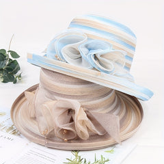 Candy Striped Sun Hat Rolled Brim Organza Flower Decor Bucket Hat
