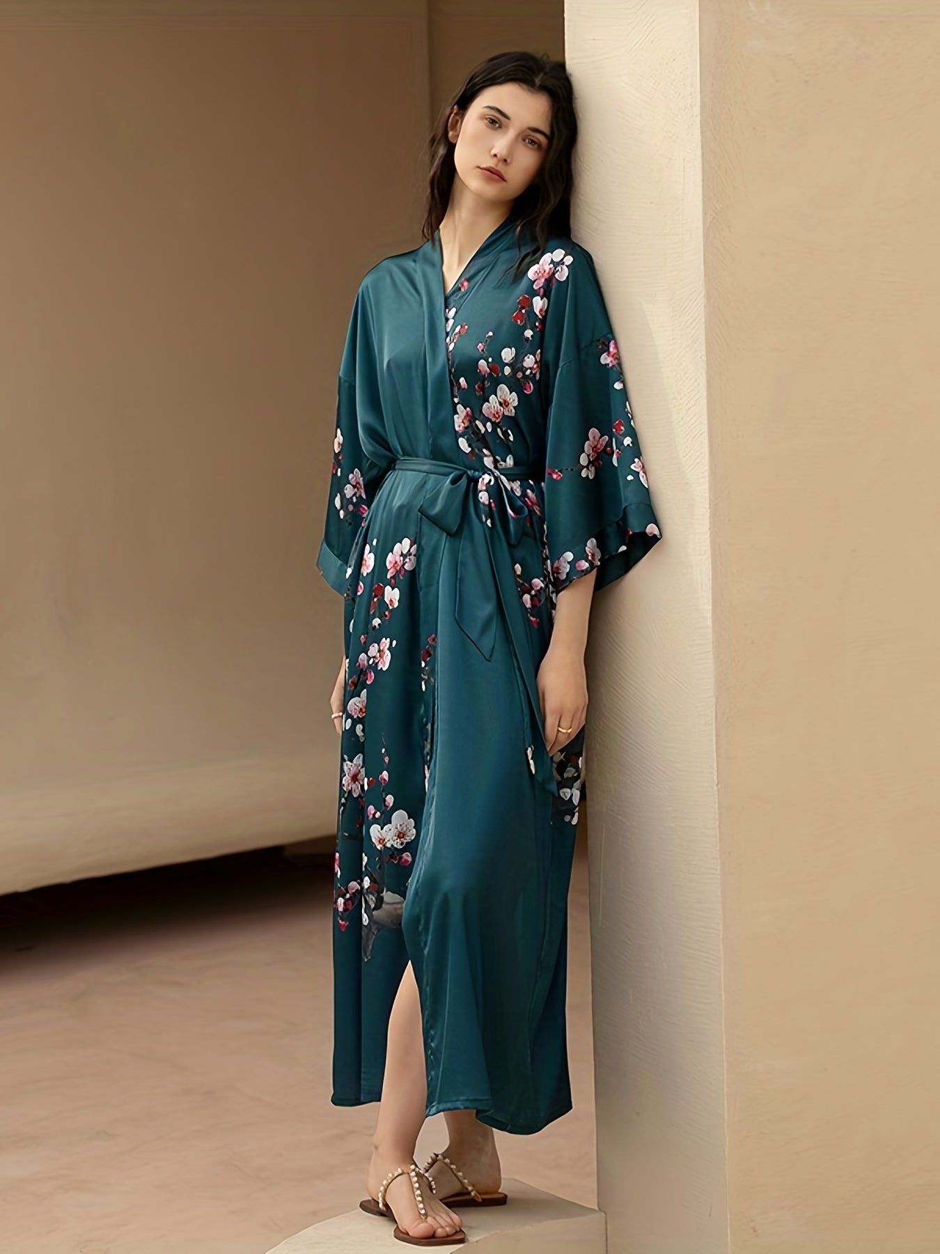 Floral Print Satin Night Robe V Neck House Robe Women's Sleepwear