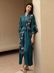 Floral Print Satin Night Robe V Neck House Robe Women's Sleepwear