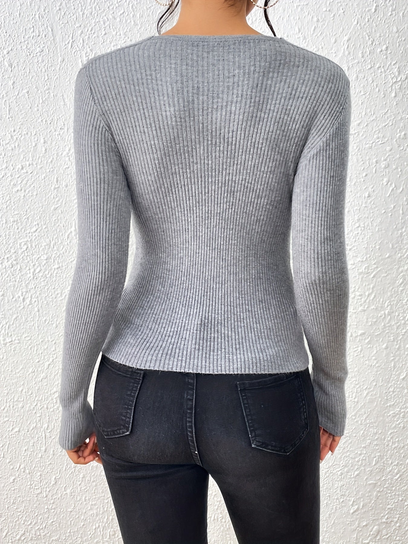 V Neck Twist Front Pullover Sweater Long Sleeve Slim Fit Women's Top