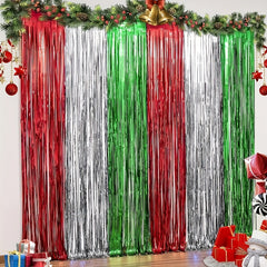 3 Pcs Christmas Red Green Silvery Foil Fringe Curtains