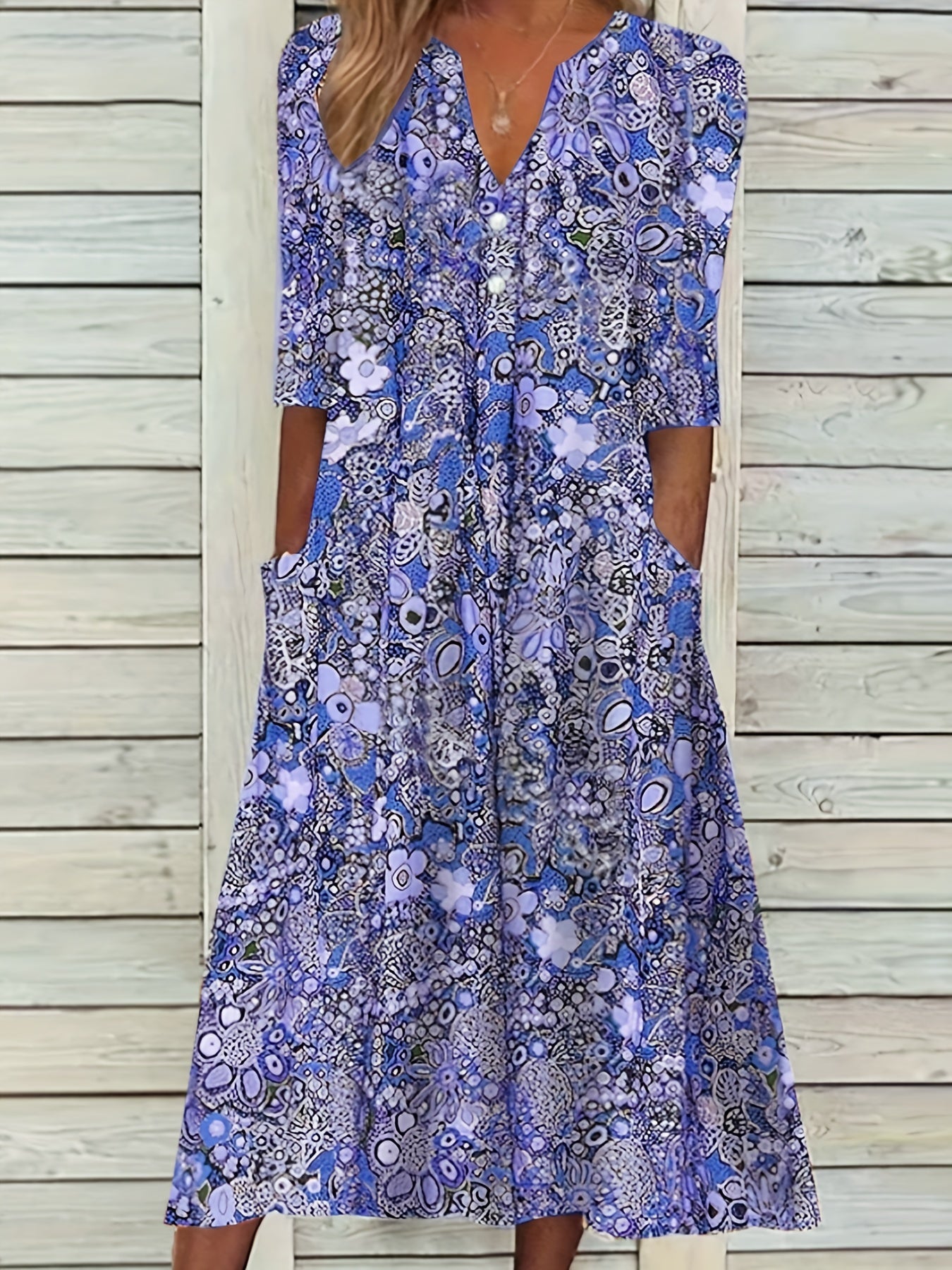 Allover Floral Print Short Sleeve Notched Neck Dress With Pockets