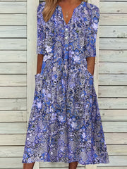 Allover Floral Print Short Sleeve Notched Neck Dress With Pockets