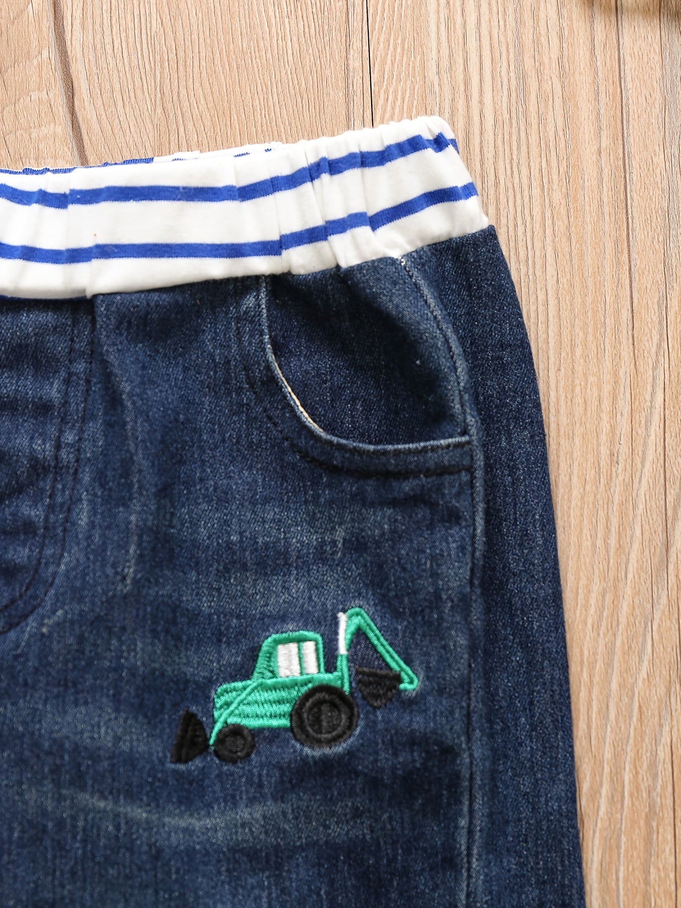 Boys Excavator Embroidered Denim Pants - Spring/Autumn