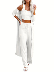 Solid Ribbed Lounge Set Long Sleeve Robe & Crew Neck Tank Top & Lace Up Pants
