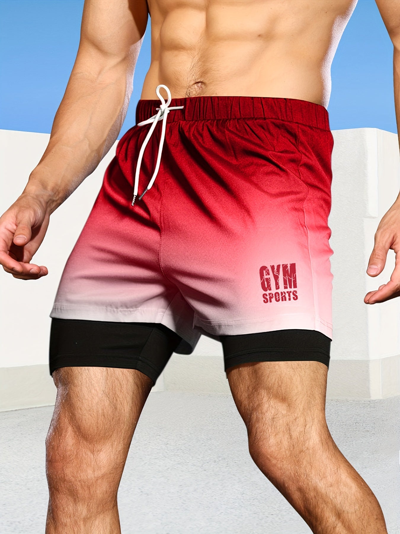Bull GYM Pattern Print Ombre Shorts Men's Sports Drawstring Waist