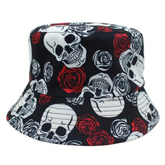 Skull Rose Flower Print Sunshade Bucket Hat for Men Women