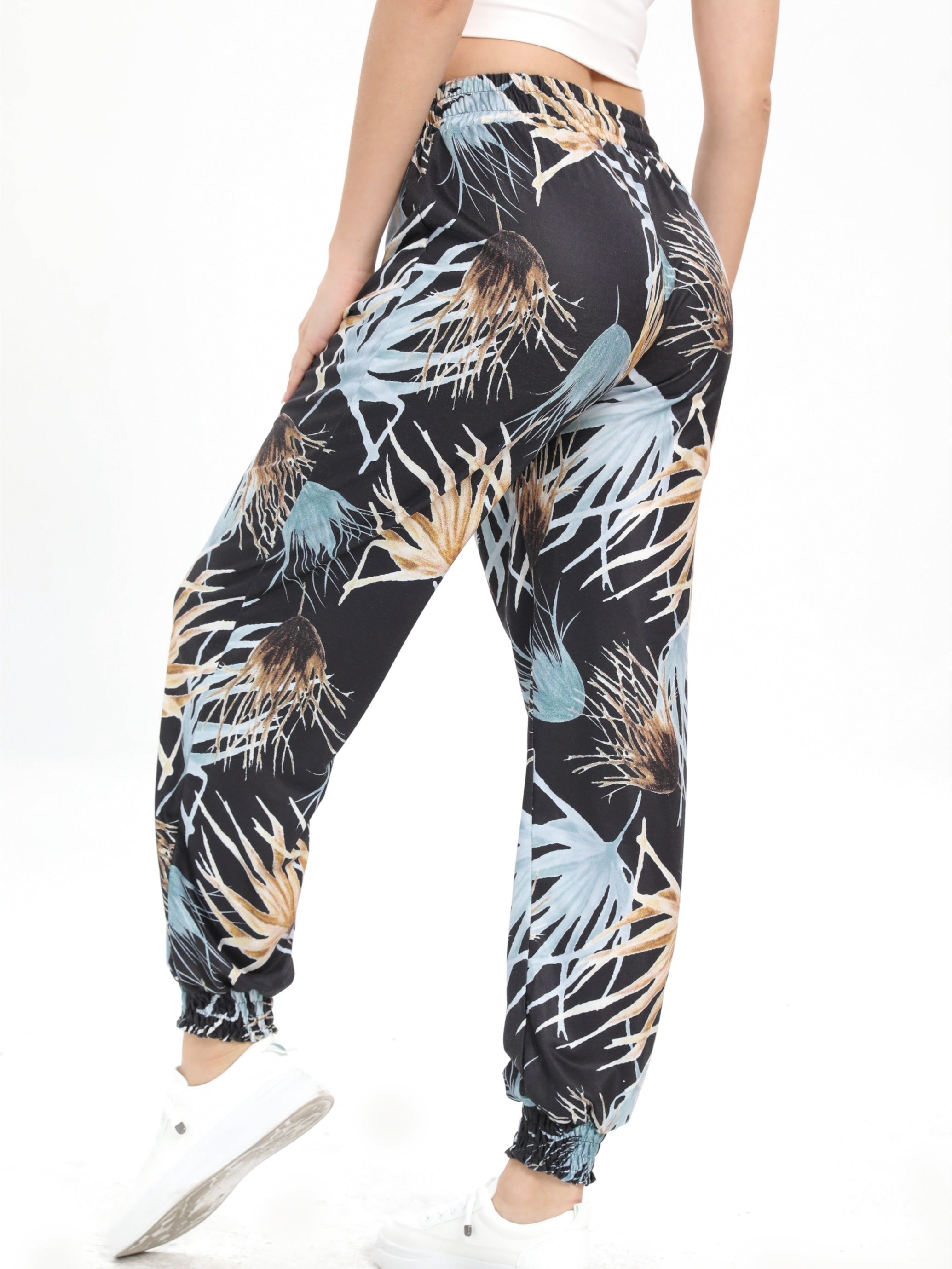 Leaf Print Casual Jogging Pants Elastic Waist Loose Fit Sports Pants