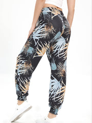 Leaf Print Casual Jogging Pants Elastic Waist Loose Fit Sports Pants