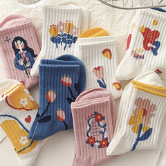 8 Pairs Cartoon Print Mid Tube Socks Women's Stockings