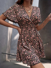 Floral Print V Neck Flutter Sleeve Dress