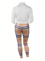 Colorblock Plaid Shirt & Leggings Set