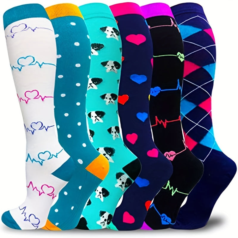 6 Pairs Compression Knee High Sports Socks for Running and Cycling