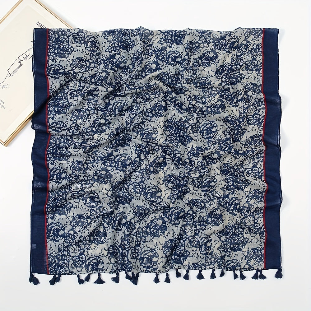 Vintage Flower Print Tassel Scarf Boho Shawl