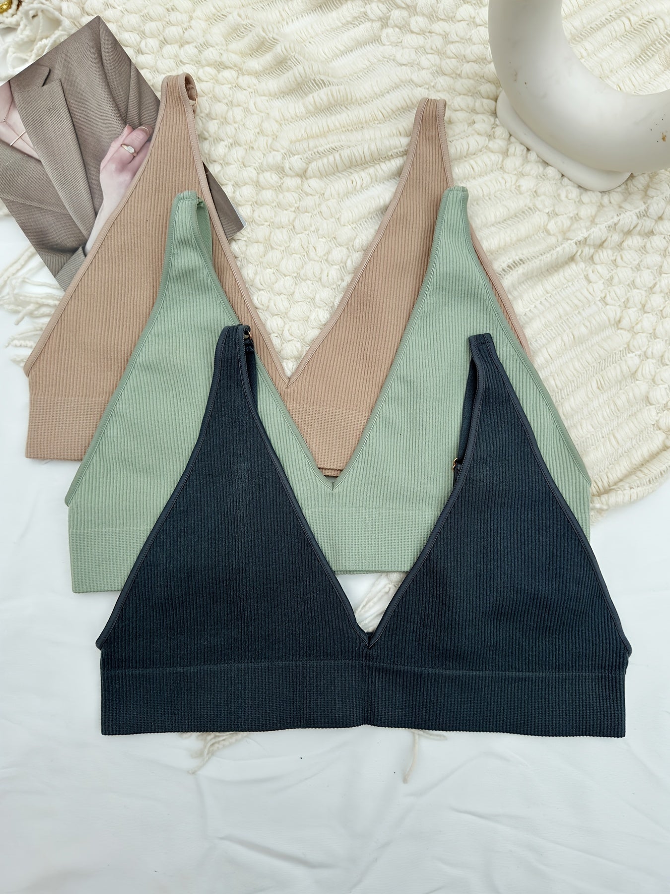 3 Pcs Women's Ribbed Camisole Bra Skin Friendly No Steel Ring Lingerie