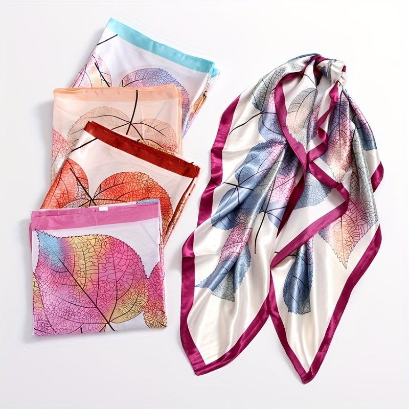 Colorful Leaf Print Square Scarf Satin Bandana Shawl Silk
