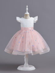 Girls Embroidered Mesh Princess Dress Fly Sleeve Tutu Skirt