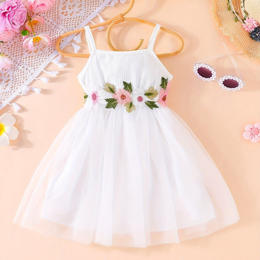 Toddler Girls Flowers Embroidery Mesh Princess Cami Dress