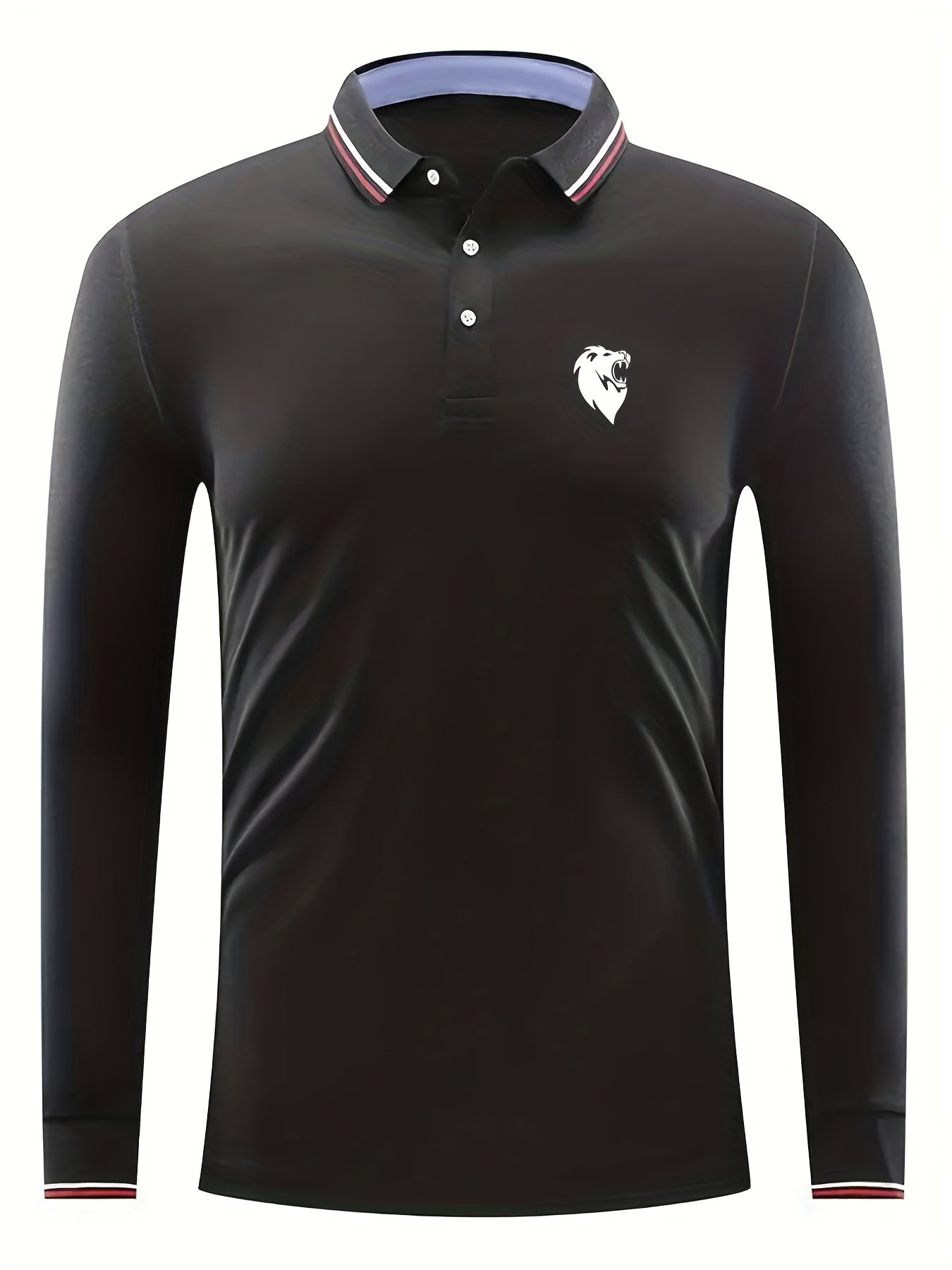 Men's Lion Head Print Long Sleeve Polo Shirt Casual Slightly Stretch