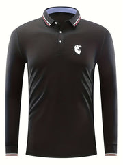 Men's Lion Head Print Long Sleeve Polo Shirt Casual Slightly Stretch