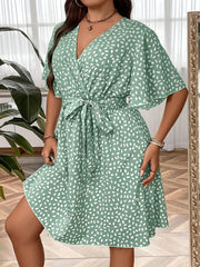 Ruffle Sleeve Surplice Neck Belted Knee Length Dress