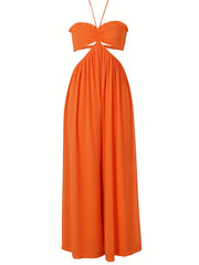 Wide Leg Halter Neck Jumpsuit Ruched Cut Out Jumpsuit