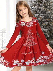 Girls 3D Snow Print Christmas Tree Dress
