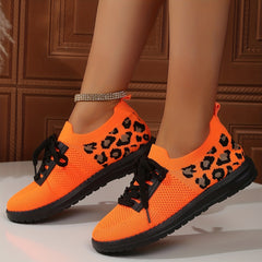 Leopard Print Sneakers Breathable Knit Lace Up Lightweight Shoes