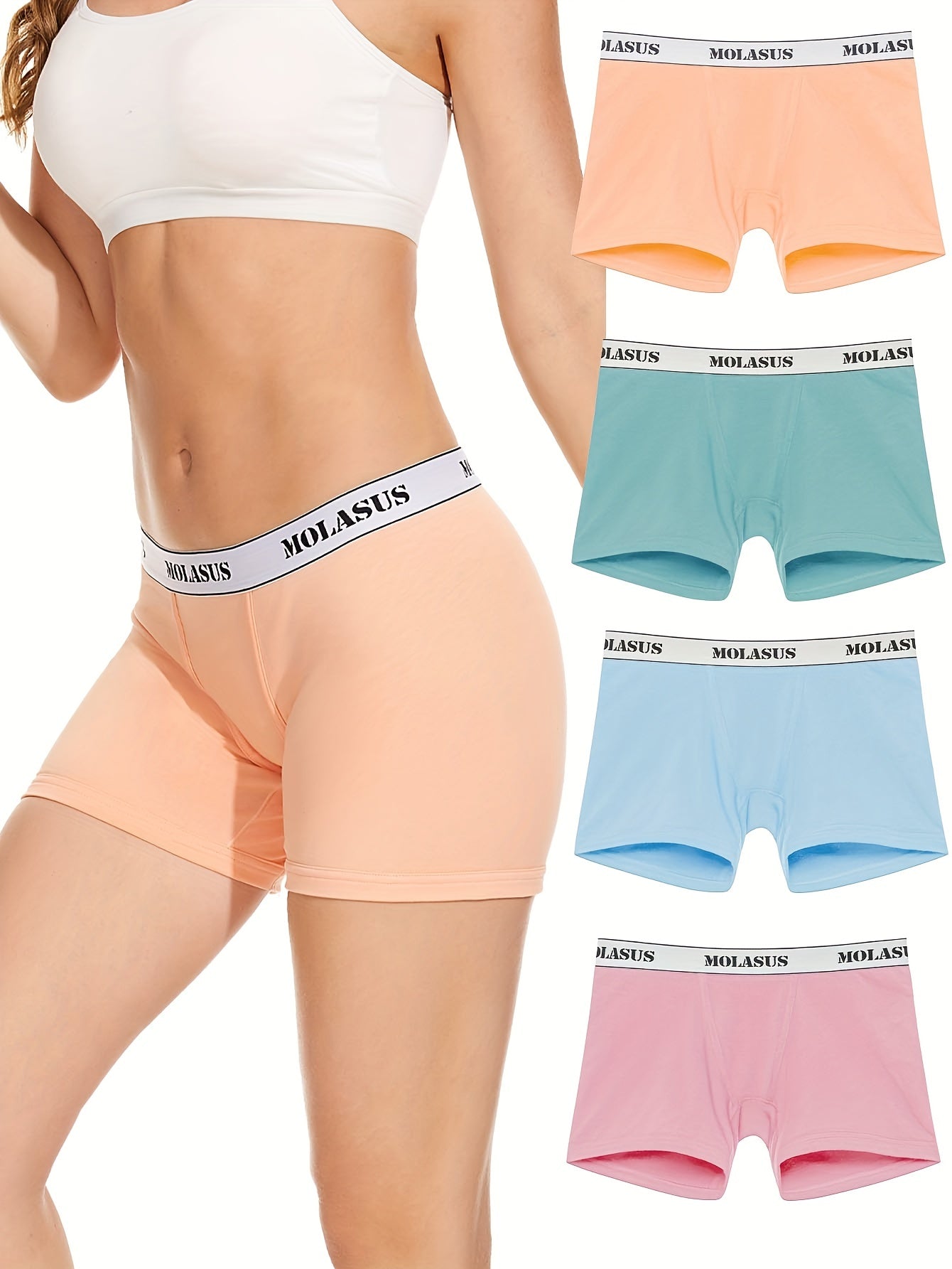4 Pk Plus Size Panties Set Women's Plus Letter Print Double Layered Boyshorts