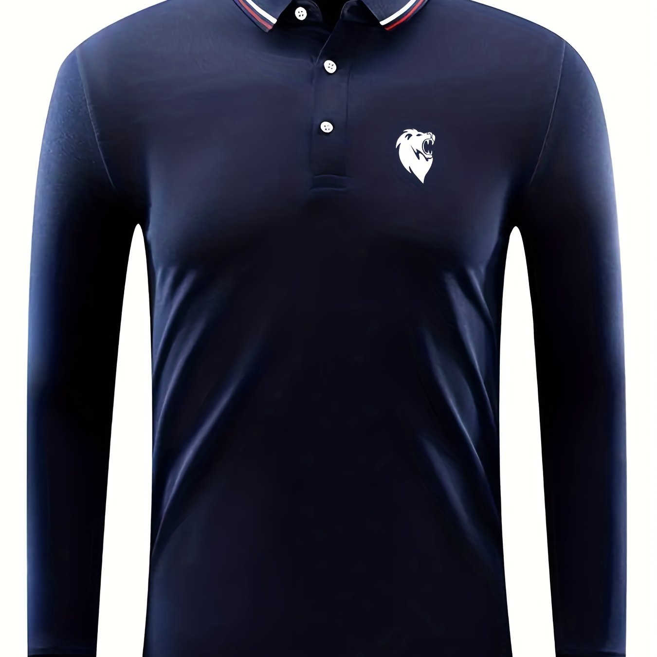 Men's Lion Head Print Long Sleeve Polo Shirt Casual Slightly Stretch