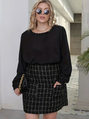 Plus Plaid Print Top & Skirt Set Round Neck 2 Piece Outfit