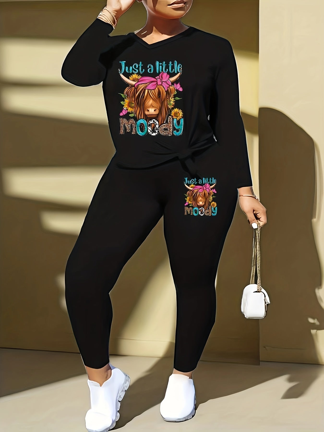 Women's Graphic Print V Neck Top & Leggings Set