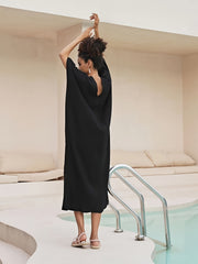 Solid Batwing V Neck Kaftan Cover Up Dress