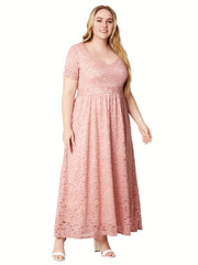 Lace Maxi Dress Scoop Neck Short Sleeve Solid Stretch