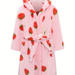 Girls Hooded Bathrobe Strawberry Pattern Flannel Soft Warm Pockets Belt Robe