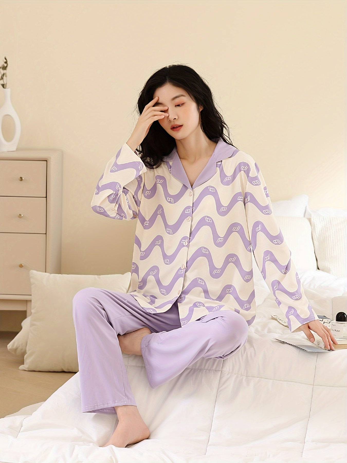 Wave Stripe Print Pajama Set Long Sleeve Button Up Top & Lounge Pants