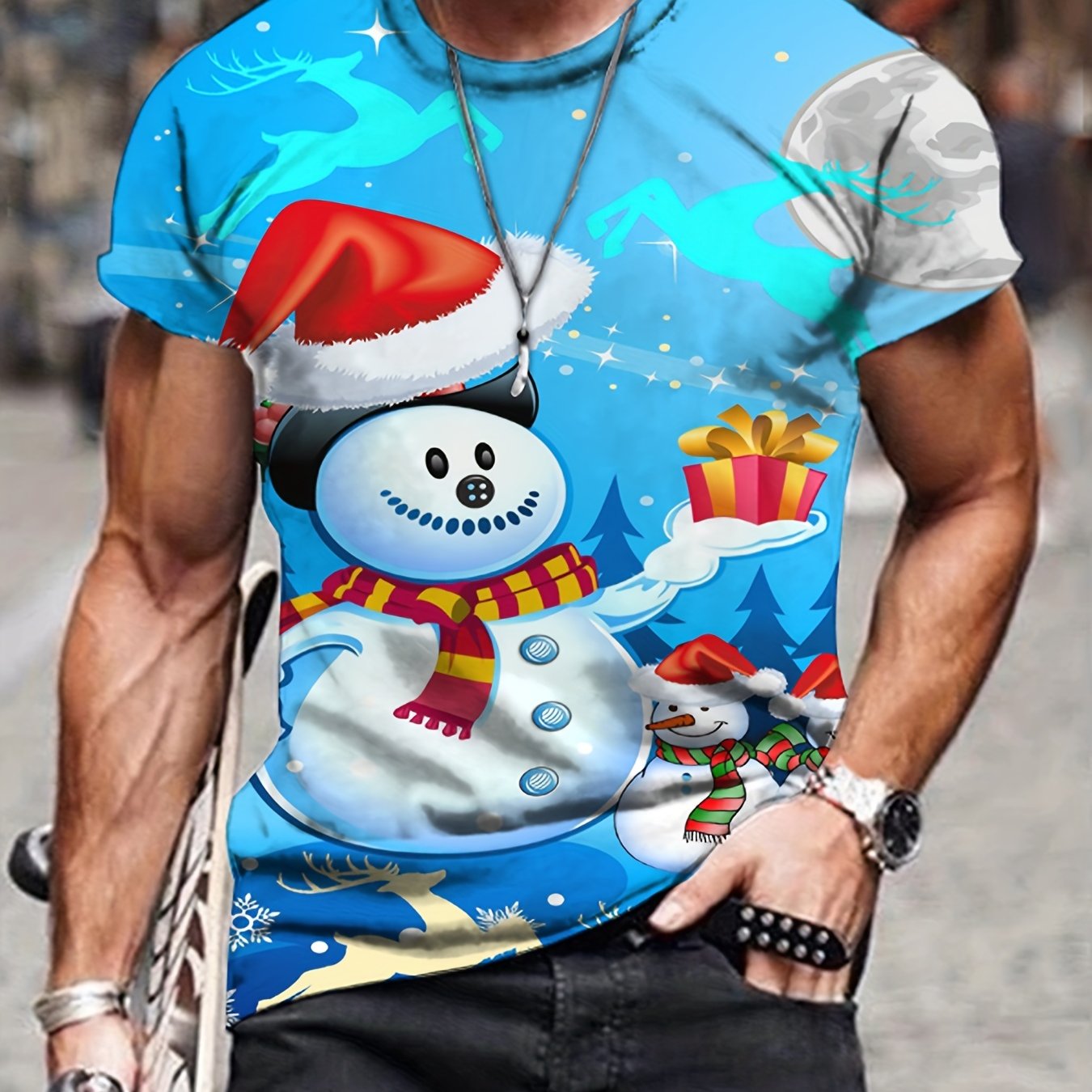 Christmas Snowman Print Men's Graphic T-shirt Casual Comfy Tees