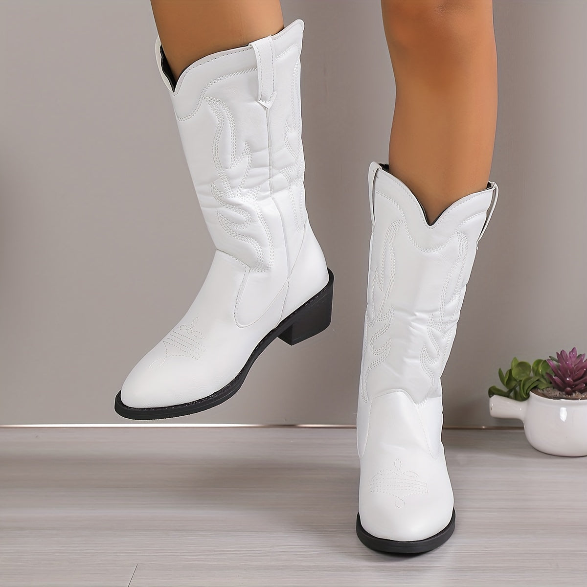 Embroidered Western Mid Calf Cowboy Boots