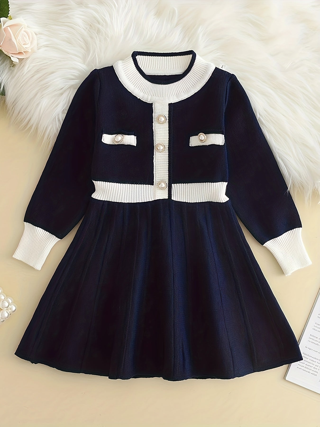 Girls' Knit Pearl Buttons Long Sleeve Sweater Dress