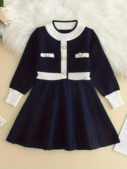 Girls' Knit Pearl Buttons Long Sleeve Sweater Dress