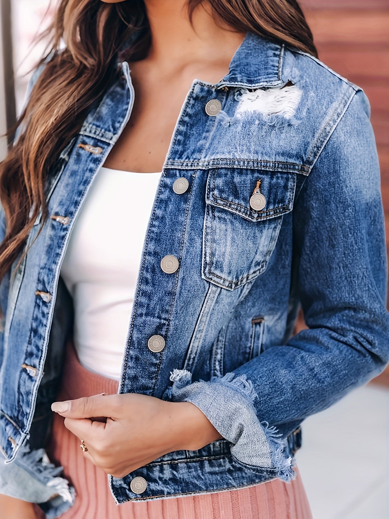 Ripped Holes Denim Jackets Long Sleeves Distressed