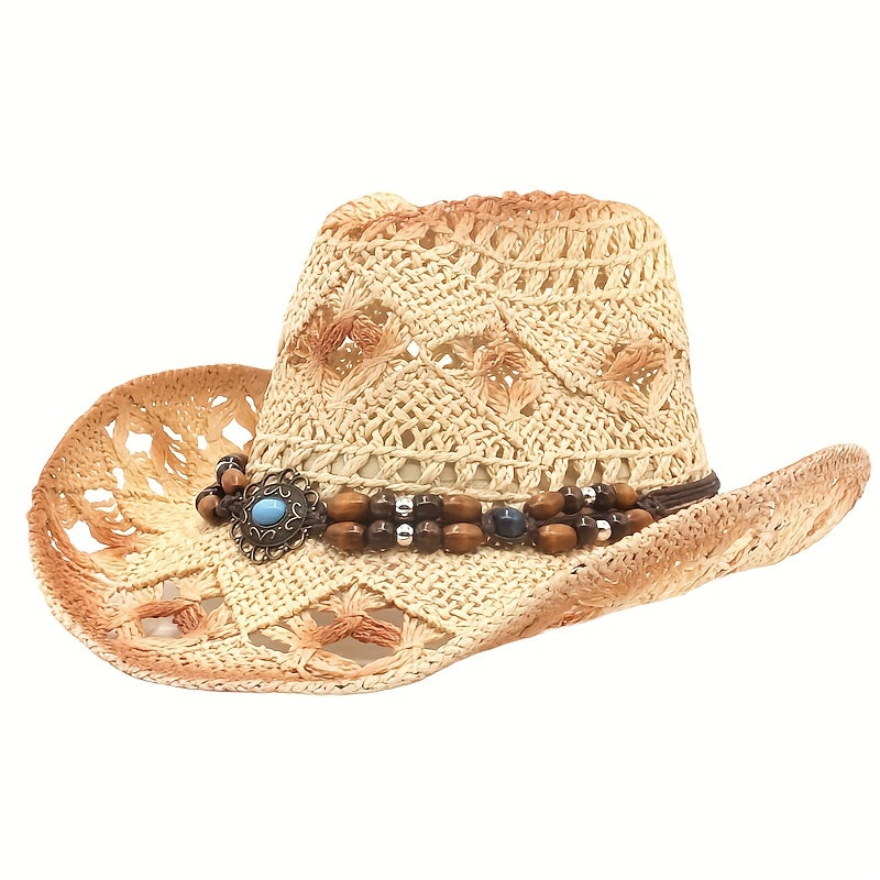 Hollow Out Cowboy Hat Beaded Turquoise Chain Straw Unisex Jazz Fedora