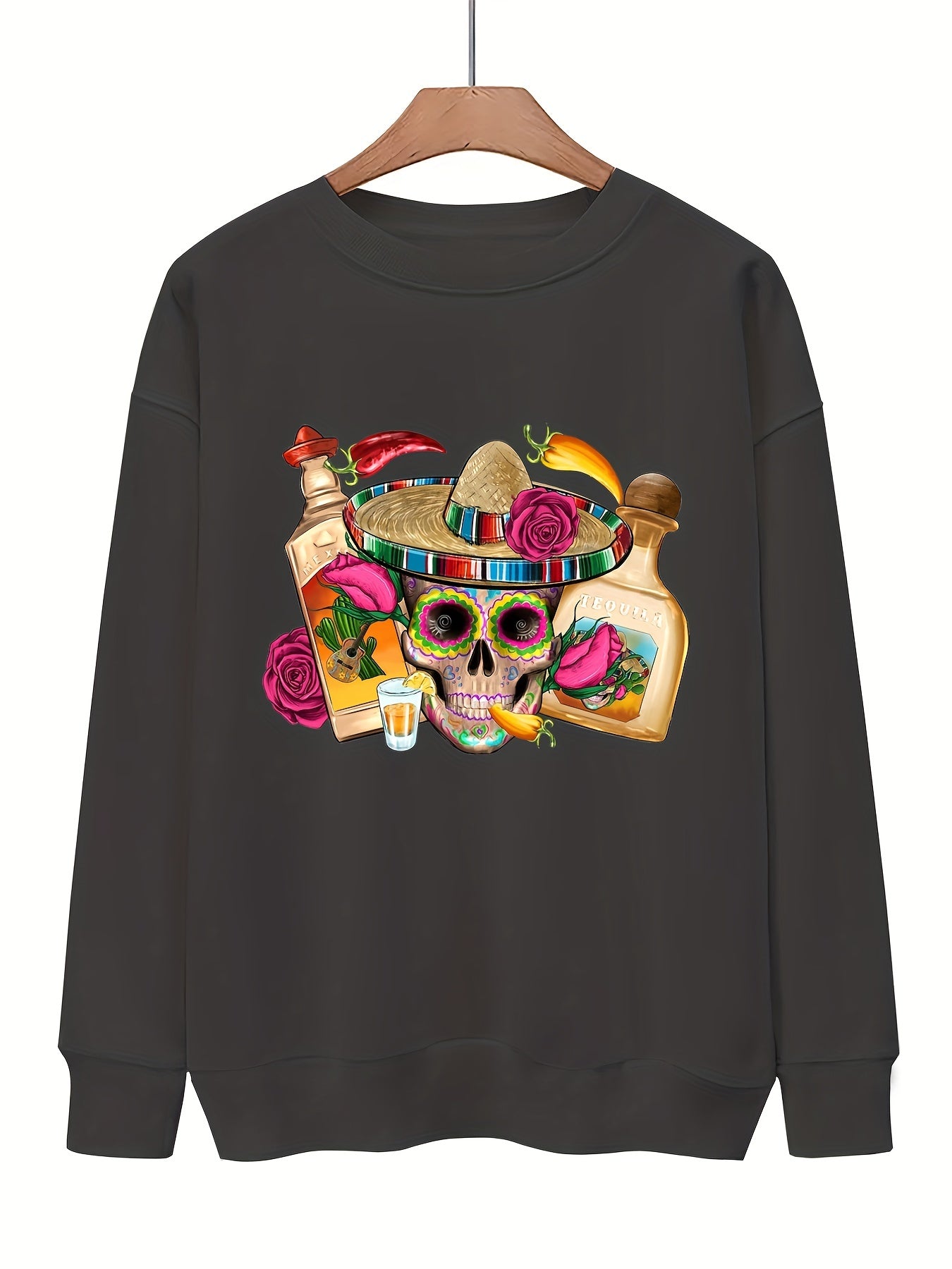Funny Skull Print Pullover Sweatshirt Long Sleeve Casual Winter Wear